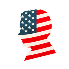 Black detailed realistic mans face profile with USA flag on white