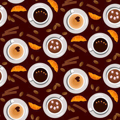 Pattern with cups of coffee and croissant.View from above. Vector illustration on a dark background. For prints, fabrics, cafe and restaurant menus, flyers and various decor.