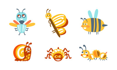 Cartoon Insects with Spider and Butterfly Vector Set