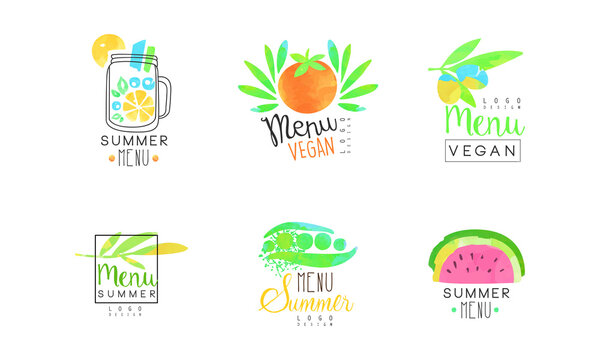 Summer Vegan Eating and Vegetarian Menu Logo Design Vector Set