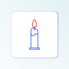 Line Burning candle in candlestick icon isolated on white background. Cylindrical candle stick with burning flame. Colorful outline concept. Vector