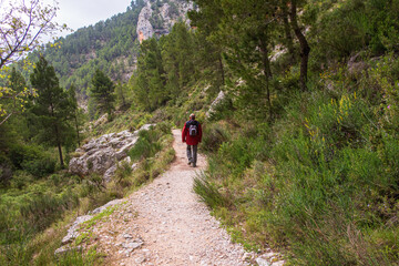 Fototapeta premium Hikers walking along a cobbled path, in a mountainous area surrounded by large rocky walls. In the Barranc del Cinc de Alcoy, Alicante (Spain)