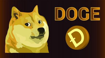 Dogecoin, dog and coin vector graphics