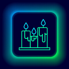 Glowing neon line Burning candles icon isolated on black background. Cylindrical candle stick with burning flame. Colorful outline concept. Vector