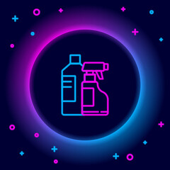 Glowing neon line Plastic bottles for laundry detergent, bleach, dishwashing liquid or another cleaning agent icon isolated on black background. Colorful outline concept. Vector