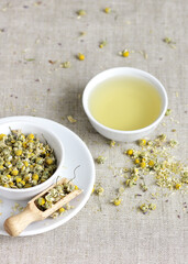 Chamomile herbal tea in chinese cup and glass jar with dry herb flowers, above overhead view, naturopathy, natural medicine, healing drinks for sleep, skin and hair care concept