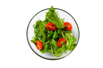 Healthy food concept. Fresh salad with arugula, cherry tomatoes and lettuce isolated on white. transparent dishes with food. Advertising poster.