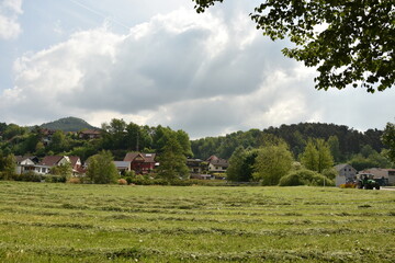  Farmer on tractor pulling a grass mower cutter in Bruchweiler-Barenbach,Germany ,2017