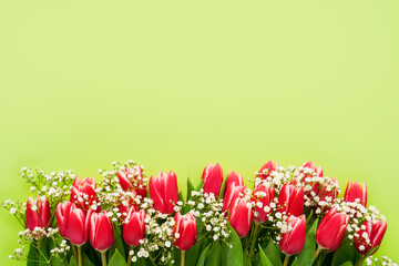 Red tulips and gypsophila flowers on a green background, selective focus. Mothers Day, birthday celebration concept