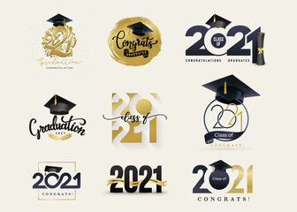 Set of Class of 2021 badges. Concept design for shirt, print, seal, overlay or stamp, greeting, invitation card, seal or stamp. Typography vector grad labels collection.