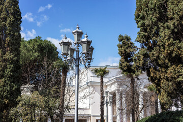 City lanterns among palms and firs on a background of blue sky