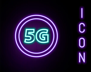Glowing neon line Globe 5G Sim Card icon isolated on black background. Mobile and wireless communication technologies. Network chip electronic connection. Colorful outline concept. Vector