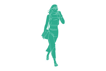Vector illustration of woman walking while carrying a bag,  Flat style with outline