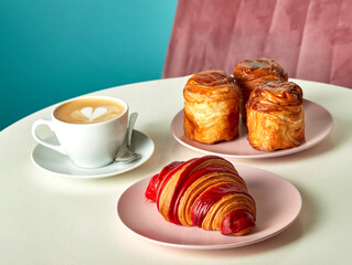 Classic breakfast French croissant and cappuccino, lifestyle