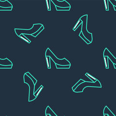 Line Woman shoe with high heel icon isolated seamless pattern on black background. Vector