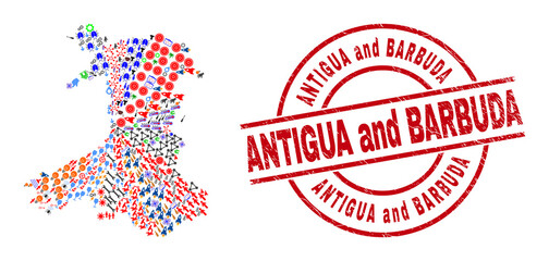 Wales map collage and grunge Antigua and Barbuda red round stamp print. Antigua and Barbuda badge uses vector lines and arcs. Wales map collage includes helmets, houses, showers, suns, stars,