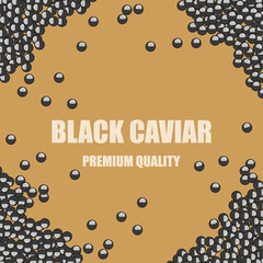 Background with black caviar. Vector illustration. Russian national delicacies. Food of the peoples of the world. Black caviar on the table. Delicious eggs glisten with oil. EPS vector