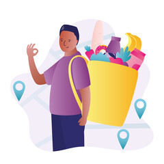 African american man working in food delivery service. Young courier with basket of assorted product