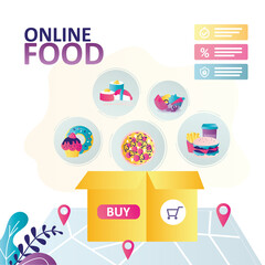 Delivery of various dishes to home. Assortment of different foods presented in online store