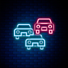 Glowing neon line Traffic jam on the road icon isolated on brick wall background. Road transport. Colorful outline concept. Vector