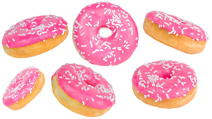 Close-up set of glazed pink donuts isolated on a white background.