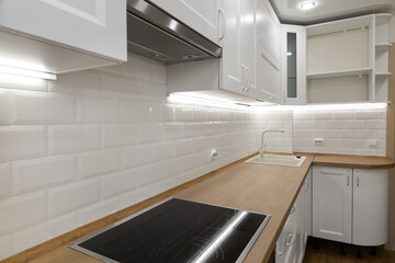 White kitchen with wooden countertop with faucet and sink induction cooktop