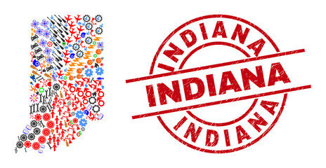 Indiana State map collage and grunge Indiana red circle stamp seal. Indiana seal uses vector lines and arcs. Indiana State map collage includes markers, houses, lamps, bugs, wine glasses,