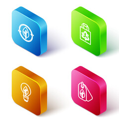 Set Isometric line Recycle and leaf, Paper bag with recycle, Light bulb and Tag icon. Vector