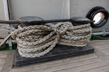 Shipboard bitts aboard a ship. secure mooring lines.