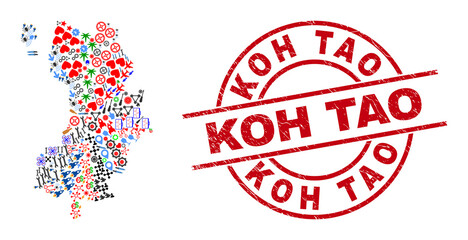 Koh Tao map collage and rubber Koh Tao red circle stamp seal. Koh Tao seal uses vector lines and arcs. Koh Tao map collage includes markers, homes, wrenches, suns, stars, and more icons.