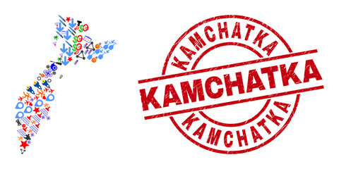 Kamchatka map collage and textured Kamchatka red circle stamp. Kamchatka stamp uses vector lines and arcs. Kamchatka map mosaic contains helmets, houses, screwdrivers, suns, stars, and more symbols.