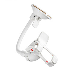 White flexible car holder for mobile phone and smartphone with suction cup. White isolated background