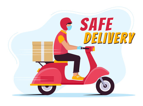 Safe delivery. Male courier in medical mask riding retro scooter with delivery box. Food, online order delivery at home during the COVID-19 pandemic. Flat style vector illustration. 