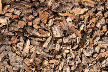 Many pieces of brown tree bark as background, texture, pattern.