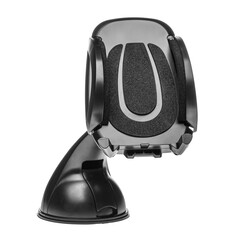 Black suction cup car holder for mobile phone and smartphone. White isolated background