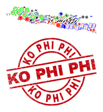 Java Island map collage and grunge Ko Phi red round stamp imitation. Ko Phi stamp uses vector lines and arcs. Java Island map collage contains helmets, homes, lamps, suns, hands,