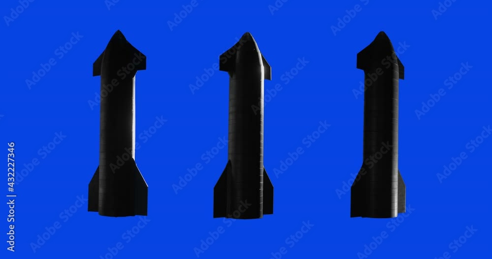 Wall mural blue screen modern spaceship rocket rotating isolated on blue background, illuminated by large light