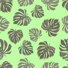 Watercolor tropical pattern with monstera leaves, green background 