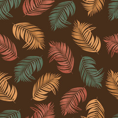Watercolor tropical pattern with colorful palm leaves on dark background 