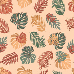 Watercolor tropical pattern with colorful palm leaves