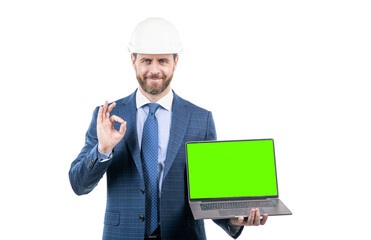 modern wireless laptop. advertisement of future building. businessman presenting project.