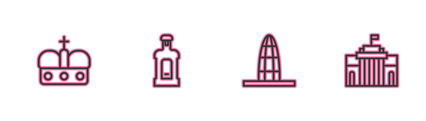 Set line Crown of spain, Agbar tower, Orujo and Prado museum icon. Vector