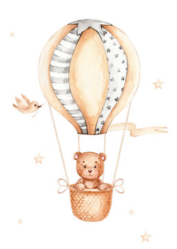 Naklejki Teddy bear flying in air balloon  watercolor hand drawn illustration  can be used for kid poster or cards  with white isolated background