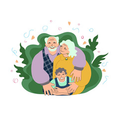 Happy european grandparents with a little boy. Elderly europeans, caucasians smiling. Love, bond concept, old family members together with grandchild. Doodle style vector illustration