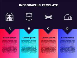 Set line House, Beaver animal, Capilano Suspension Bridge and Igloo ice house. Business infographic template. Vector