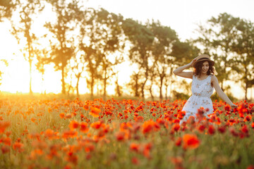 A brunette girl walks through a beautiful poppy field. Warm sunset colors. A young woman in a white dress stands in a summer blooming garden with flowers. Soft colors.