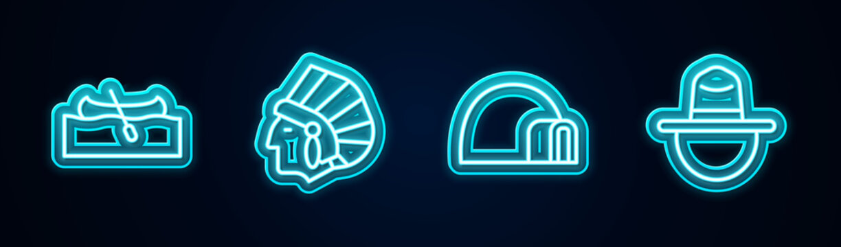 Set Line Kayak Or Canoe, Native American Indian, Igloo Ice House And Canadian Ranger Hat. Glowing Neon Icon. Vector