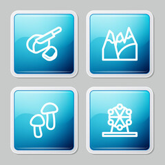 Fototapeta premium Set line Peameal bacon, Mountains, Mushroom and Ferris wheel icon. Vector