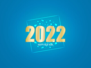 Obraz premium Happy New Year 2022 and Merry Christmas greeting card with empty space for greeting text. Golden numbers and neon geometric frame on blue background. Vector illustration