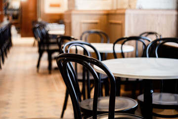 tables and chairs in a restaurant
